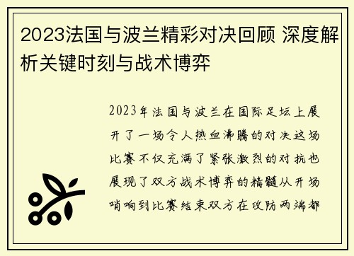 2023法国与波兰精彩对决回顾 深度解析关键时刻与战术博弈