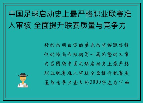 中国足球启动史上最严格职业联赛准入审核 全面提升联赛质量与竞争力