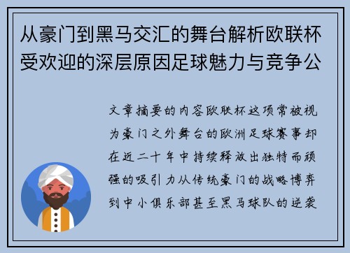 从豪门到黑马交汇的舞台解析欧联杯受欢迎的深层原因足球魅力与竞争公平性