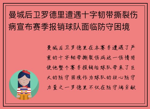 曼城后卫罗德里遭遇十字韧带撕裂伤病宣布赛季报销球队面临防守困境 曼城后卫罗德里遭遇十字韧带撕裂伤病宣布赛季报销球队面临防守困境
